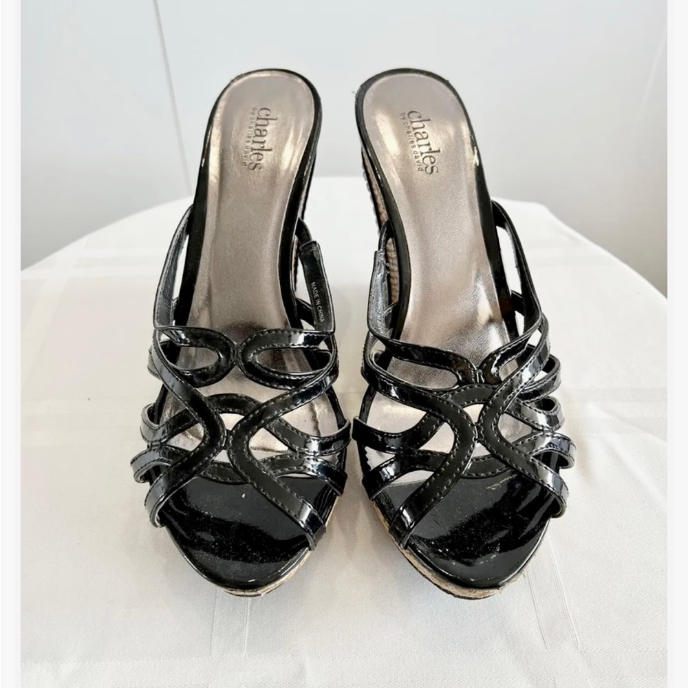 charles by charles david Black Wedge Patent Leather Sandals in Size 8.